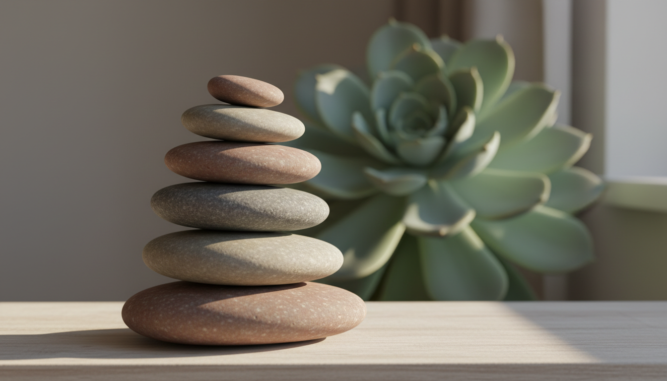 A neat stack of river stones, each stone with a unique rounded shape and smooth matte texture, rests on a pale wooden platform in front of a blurred succulent plant. The scene is set in a serene, uncluttered room illuminated by warm, indirect afternoon light, creating gentle contrasts between the stones. The mood is peaceful and balanced, evoking the stress relief of hypnose coaching. The image is captured from an eye-level perspective with a shallow depth of field, highlighting the tactile qualities of the materials. The aesthetic is clean and organic, supporting the site's emphasis on stress management.