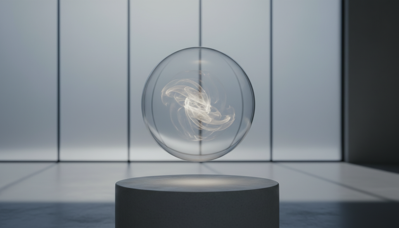 A hand-blown translucent glass orb with faint swirling patterns floats serenely above a smooth, pale gray stone surface. Delicate wisps of silver fog curl within the orb, suggesting hypnotic transformation. The background is a minimalistic interior with soft, diffused natural light filtering through frosted glass, casting subtle reflections and gentle shadows. The composition uses a centered, slightly elevated angle, drawing the eye to the calm beauty of the orb. The atmosphere is tranquil and focused, with a clean, modern minimalist aesthetic underscoring the clarity and transformative potential of hypnose coaching.