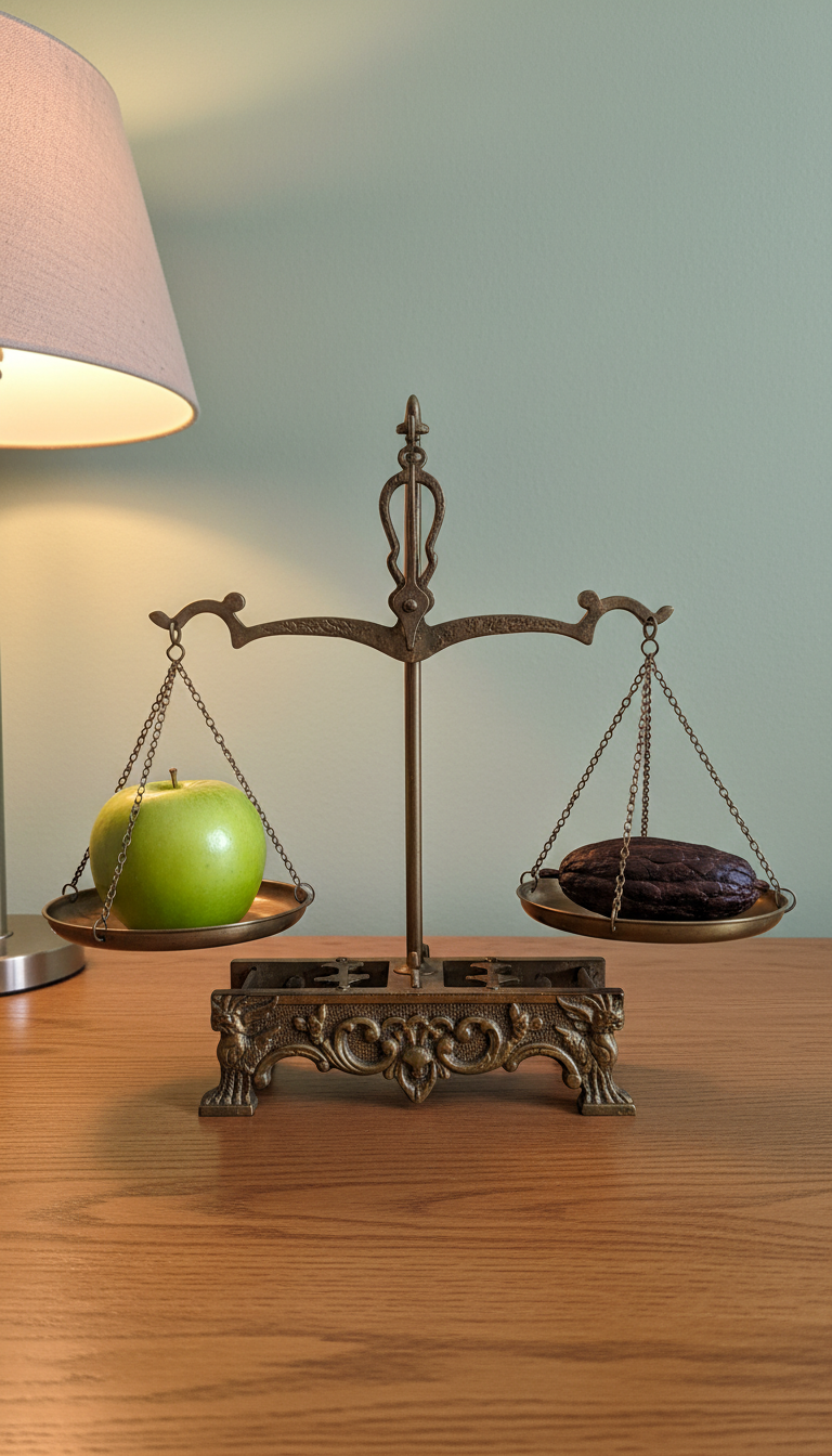 An antique brass balance scale with intricate carved details is perfectly balanced, each side holding a bright green apple and a rich brown cocoa bean, symbolizing healthy choices and weight reduction. The scale is set on a polished oak desk against a serene sage-green wall. Gentle, diffused afternoon light from a desk lamp creates subtle highlights, emphasizing the warmth of the brass and the freshness of the apple. The composition employs the rule of thirds and a crisp, direct angle. The atmosphere is encouraging and harmonious, aligning with the intention of sustainable weight management through hypnose coaching.