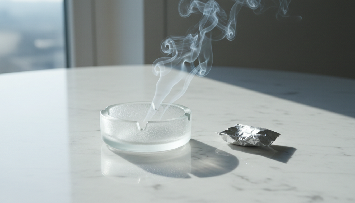 A pristine, frosted glass ashtray sits empty on a pristine white marble table, with a single crumpled cigarette wrapper beside it. Wispy trails of imaginary smoke dissipate in the air, symbolizing the journey of quitting smoking. The table is adjacent to a large, sunlit window, bathing the scene in crisp, natural morning light and creating soft reflections on the marble. The mood is hopeful and fresh, suggesting successful transformation. The photographic style is minimalist and modern, with an elevated side angle, drawing attention to small, meaningful details relevant to smoking cessation coaching.