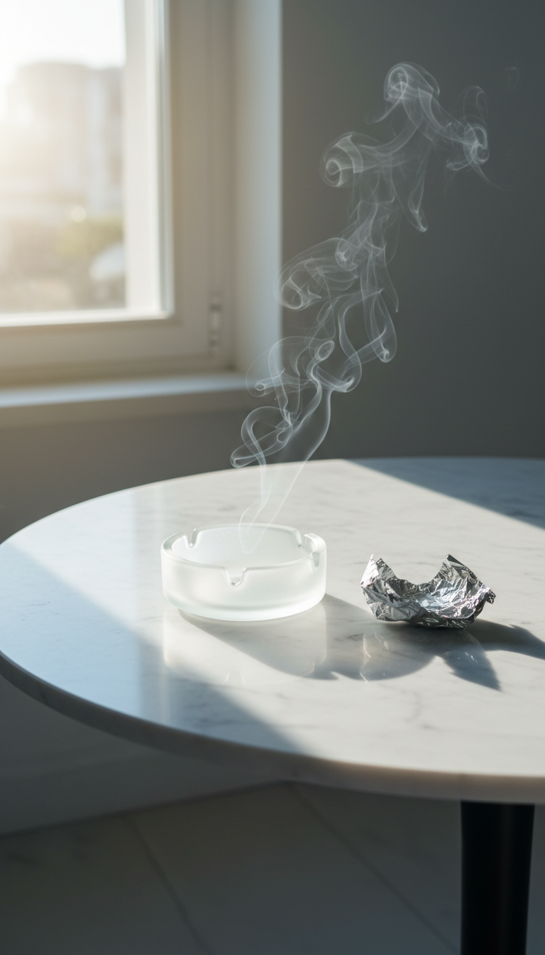 A pristine, frosted glass ashtray sits empty on a pristine white marble table, with a single crumpled cigarette wrapper beside it. Wispy trails of imaginary smoke dissipate in the air, symbolizing the journey of quitting smoking. The table is adjacent to a large, sunlit window, bathing the scene in crisp, natural morning light and creating soft reflections on the marble. The mood is hopeful and fresh, suggesting successful transformation. The photographic style is minimalist and modern, with an elevated side angle, drawing attention to small, meaningful details relevant to smoking cessation coaching.