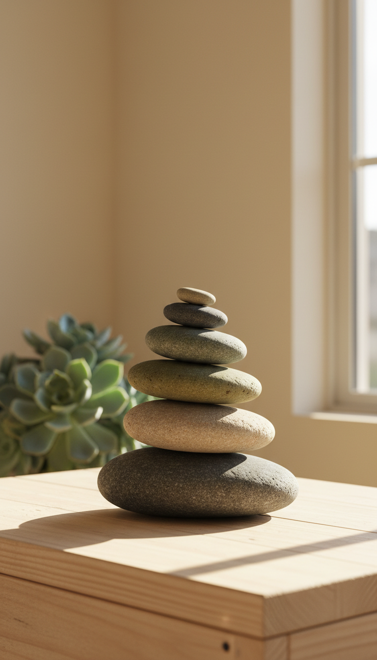 A neat stack of river stones, each stone with a unique rounded shape and smooth matte texture, rests on a pale wooden platform in front of a blurred succulent plant. The scene is set in a serene, uncluttered room illuminated by warm, indirect afternoon light, creating gentle contrasts between the stones. The mood is peaceful and balanced, evoking the stress relief of hypnose coaching. The image is captured from an eye-level perspective with a shallow depth of field, highlighting the tactile qualities of the materials. The aesthetic is clean and organic, supporting the site's emphasis on stress management.