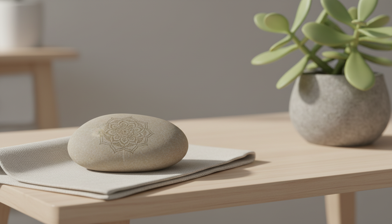 A smooth, sand-colored river pebble, finely engraved with a subtle mandala design, rests on a folded ivory linen cloth atop a simple, minimalist desk. In the background, a pale green jade plant in a stone pot adds a hint of organic life. The scene is filled with soft, ambient studio lighting that wraps delicately around the pebble, casting gentle shadows to enhance its engraved patterns. The composition uses an off-center perspective with a shallow depth of field, creating a serene, grounded mood suitable for a business focused on clarity and inner peace through hypnose coaching.